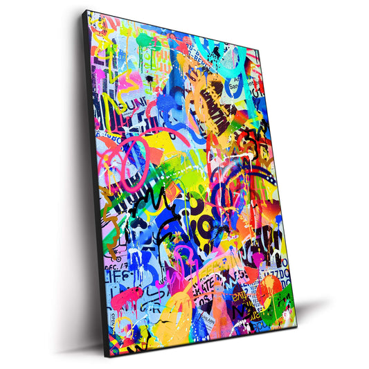Abstract artwork with graffiti elements and vibrant paint splashes.
