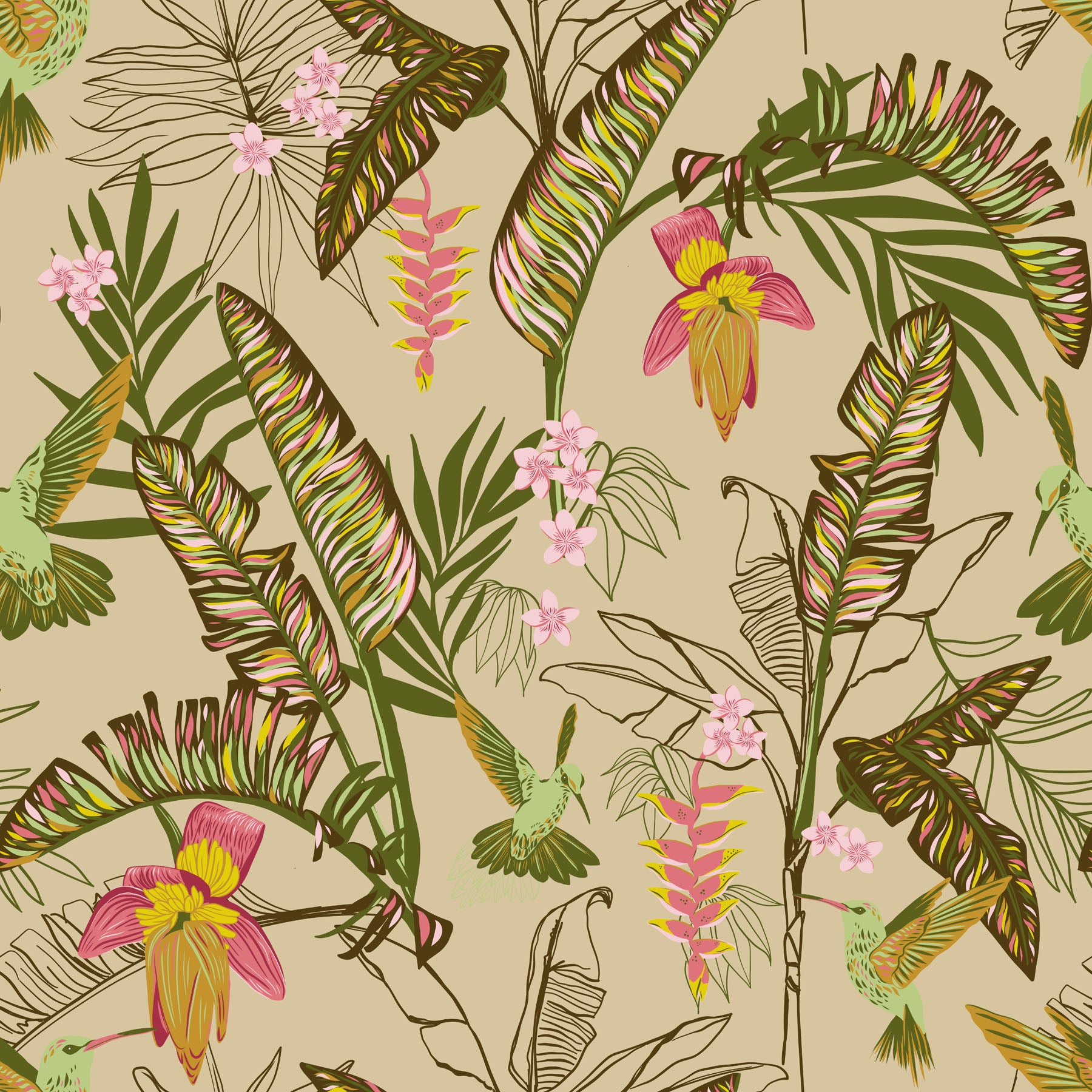 Tropical leaf and flower pattern on a beige background.