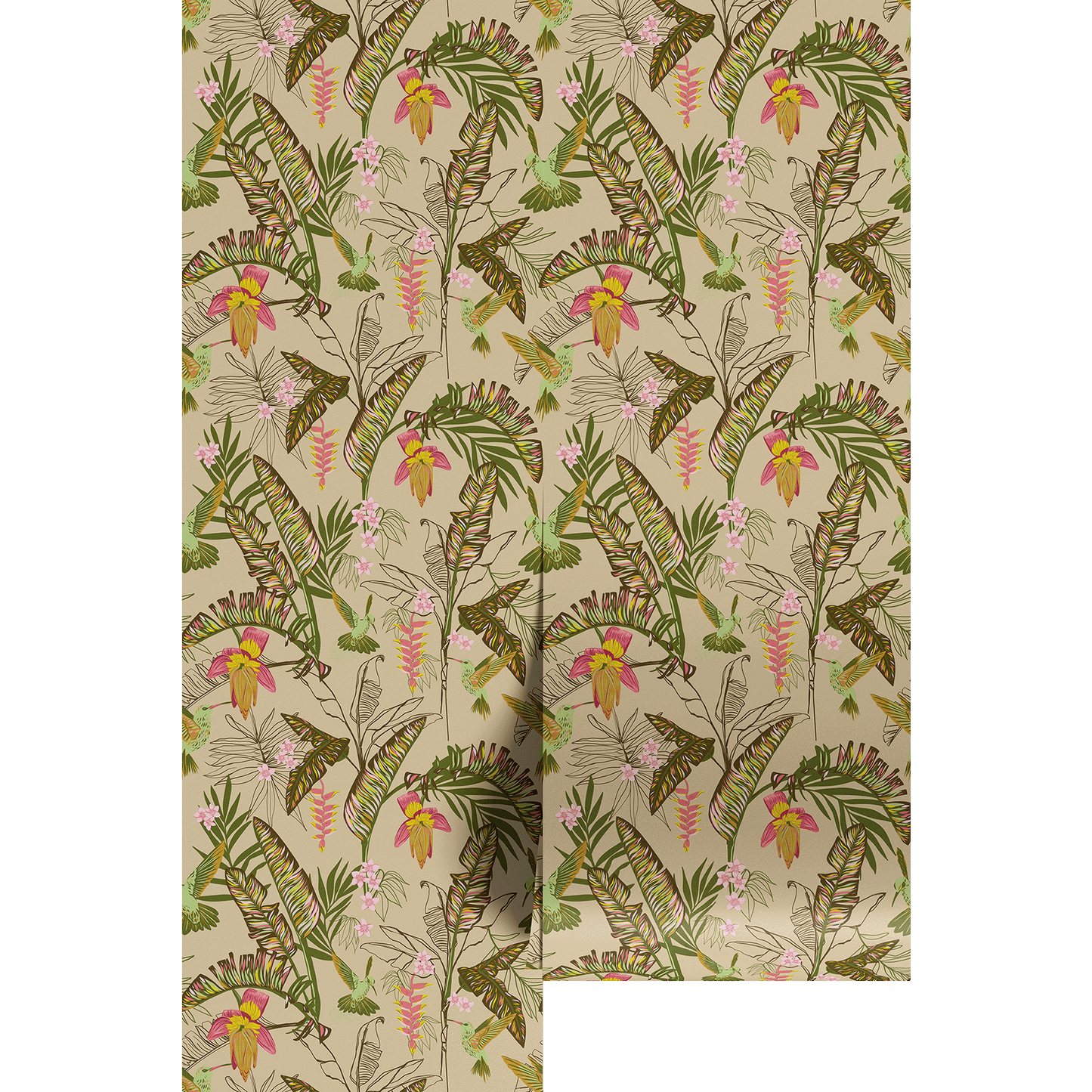 Pattern with green leaves, pink flowers  and humming birds, on a beige background shown over wallpaper panels.