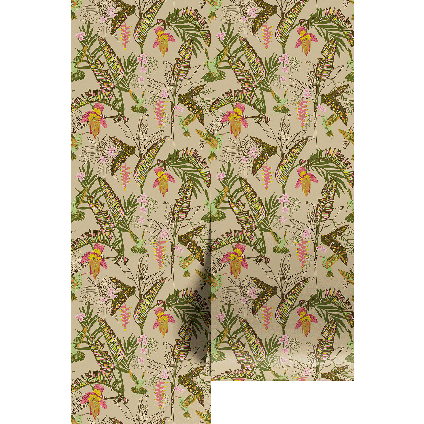Pattern with green leaves, pink flowers  and humming birds, on a beige background shown over wallpaper panels.