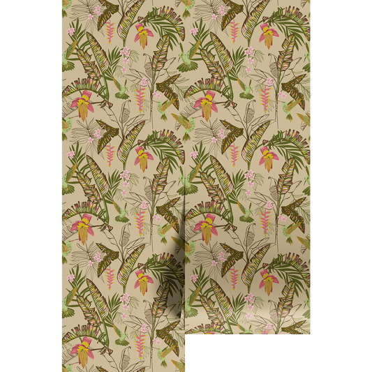 Pattern with green leaves, pink flowers  and humming birds, on a beige background shown over wallpaper panels.