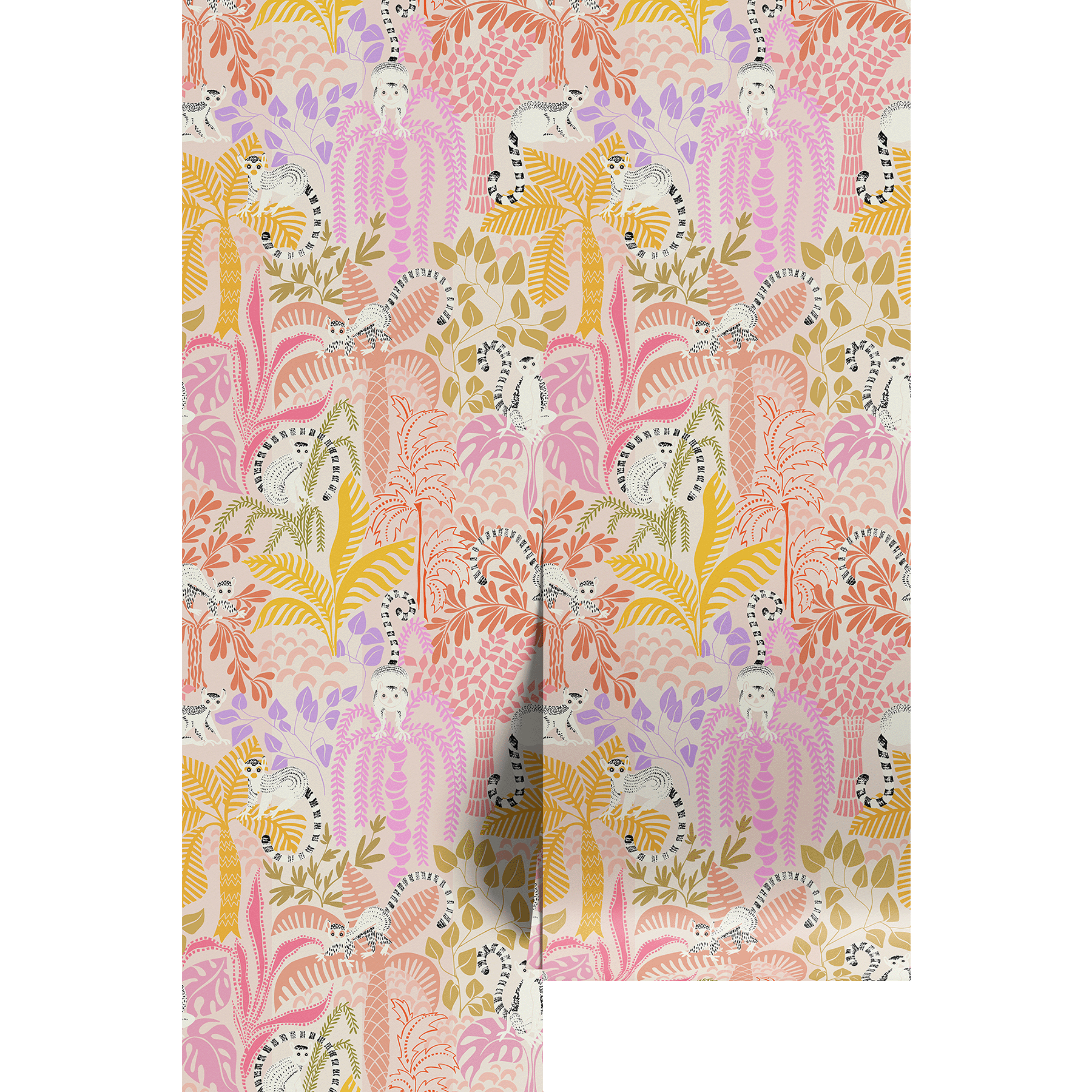 Colorful jungle pattern with lemurs and plants on wallpaper panels.