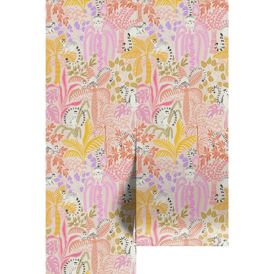 Colorful jungle pattern with lemurs and plants on wallpaper panels.