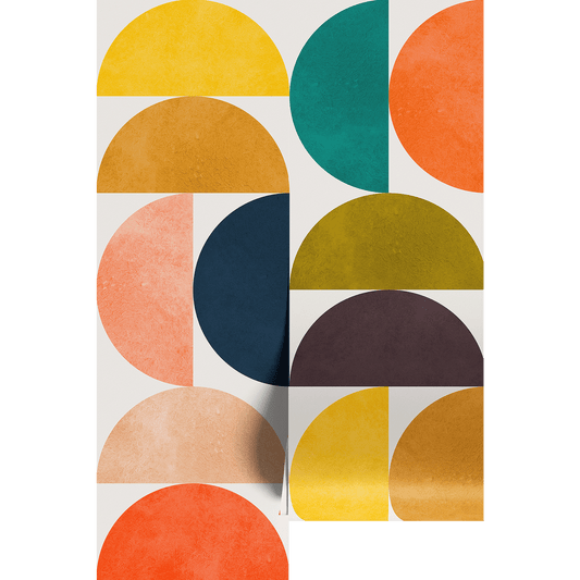 Colorful geometric pattern on wallpaper panels.