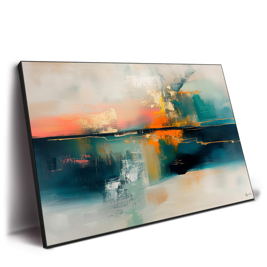 Vibrant sunset colors blend into calming teal and blue tones, with striking dark and light accents.
