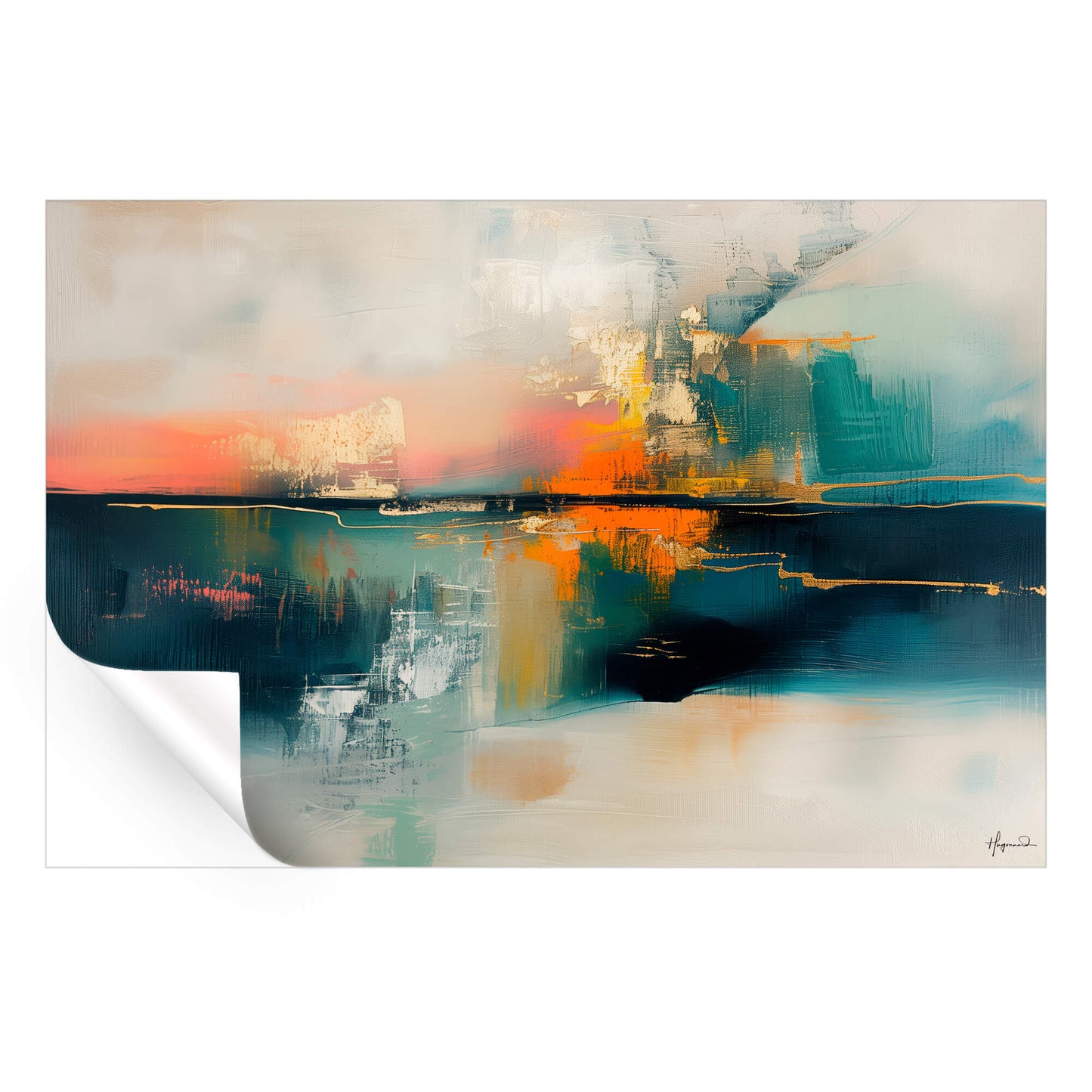 Sunset colors blend into calming teal and blue tones, with striking dark and light accents.