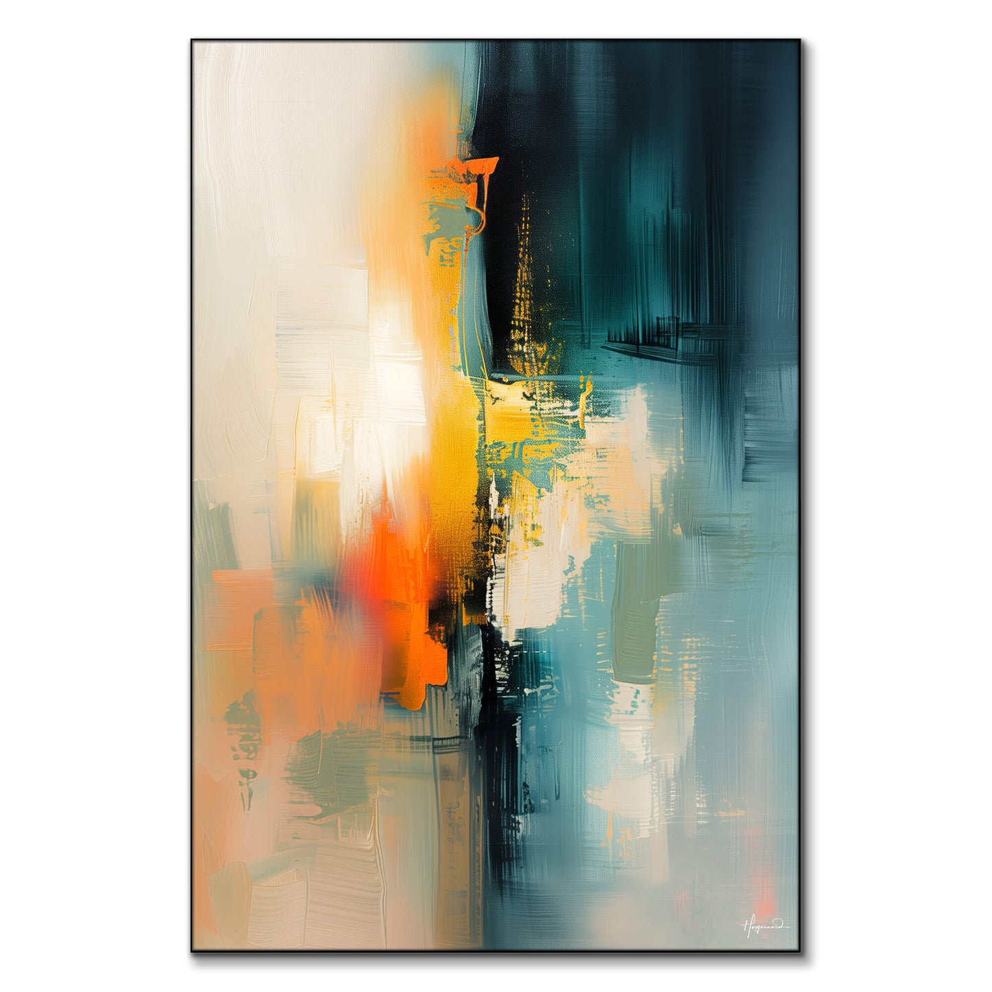 Abstract painting with vibrant orange and yellow transitioning to calming teal and blue.