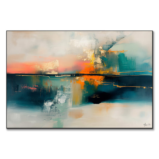 Contemporary sunset colors blend into calming teal and blue tones, with striking dark and light accents.