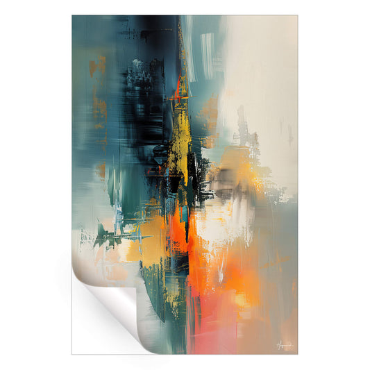 Textured reds and oranges merge into calming teals and blues with striking yellow accents.