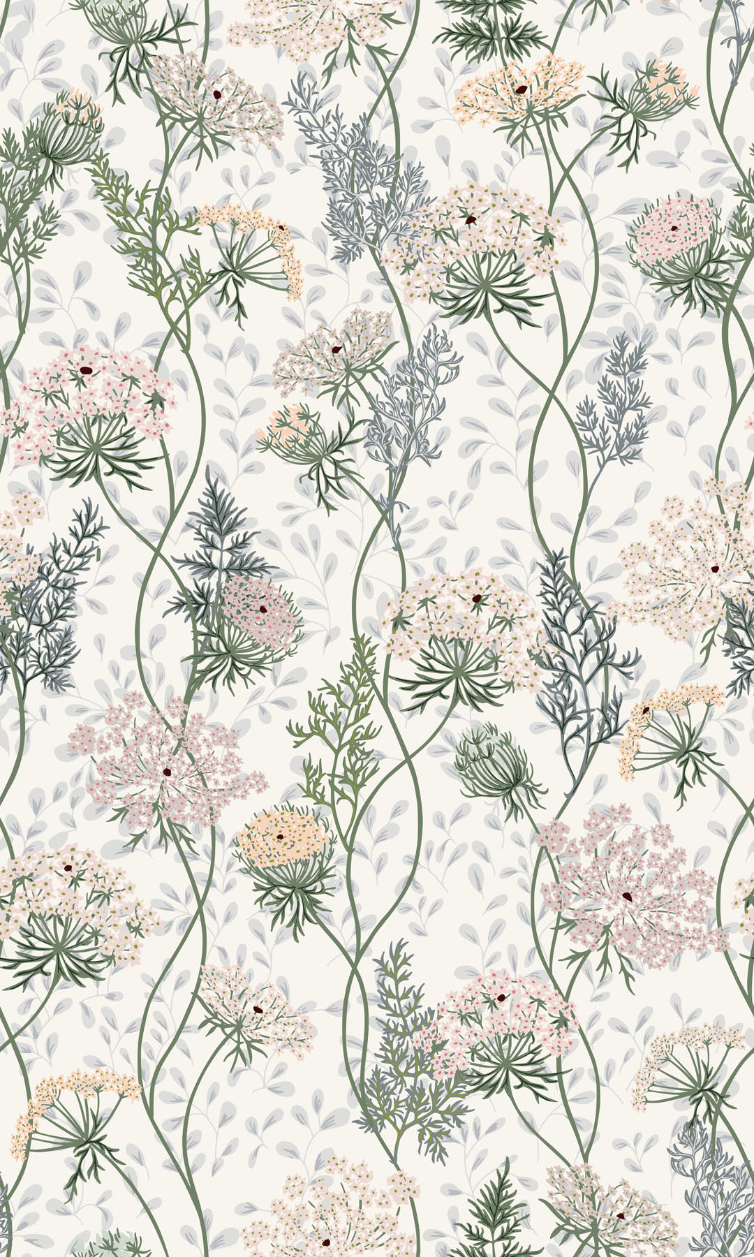 Floral pattern with green leaves and pink flowers on a light background