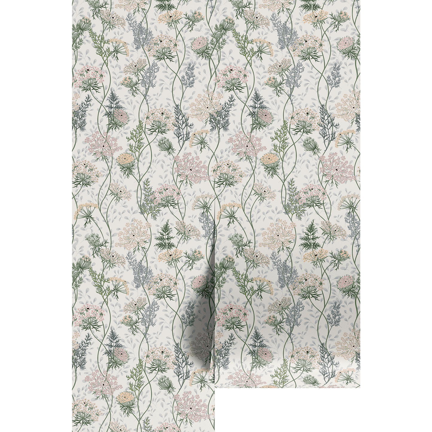 subtle pink and forest green Floral and leaf patterned wallpaper on a white background