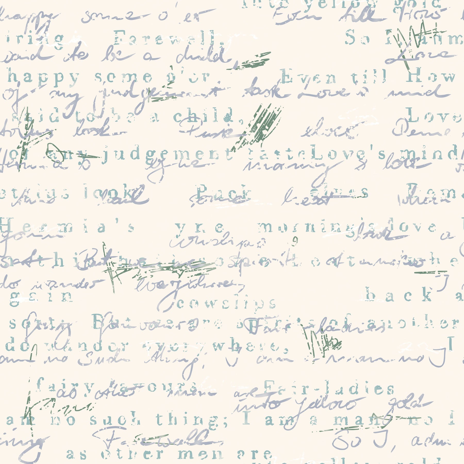 Soft blue and teal hand written note pattern on cream background.