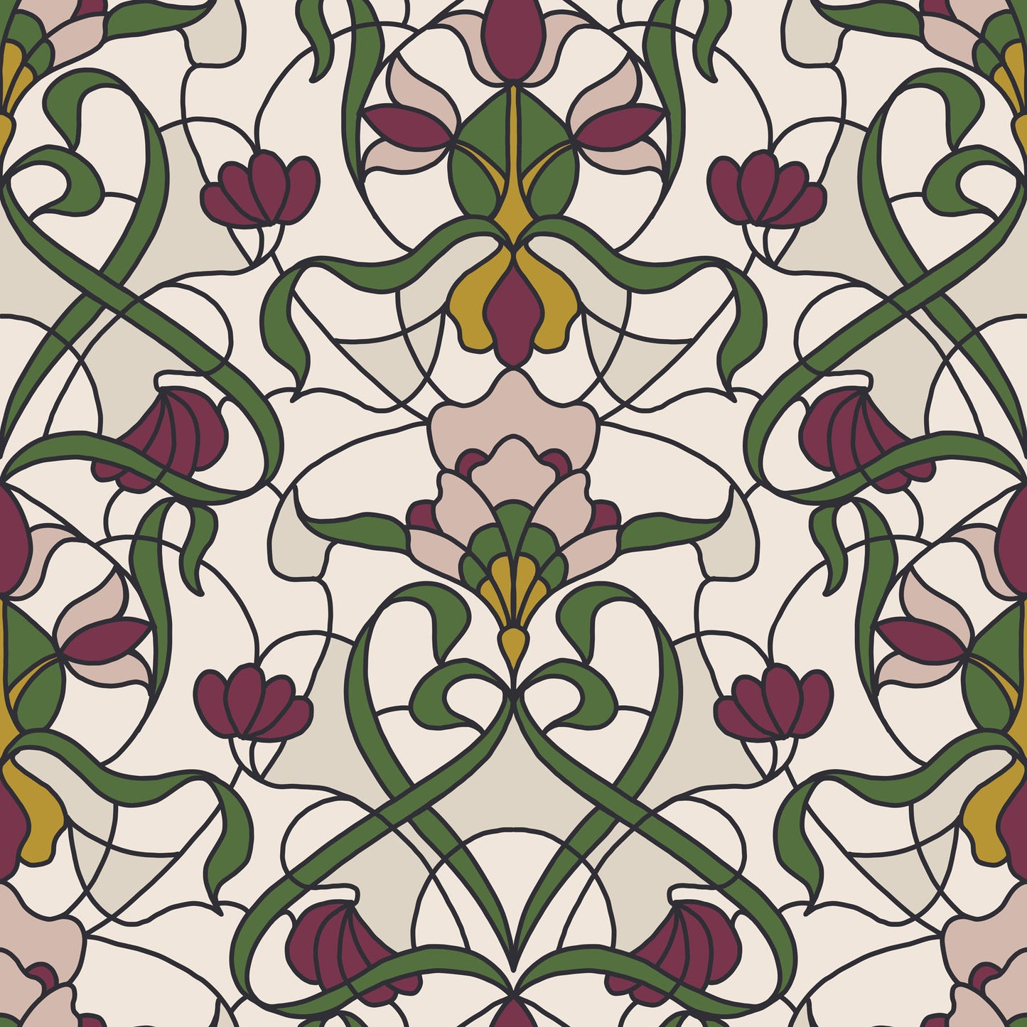 Decorative stained glass pattern with pink, plum, and green floral elements on a cream white background.