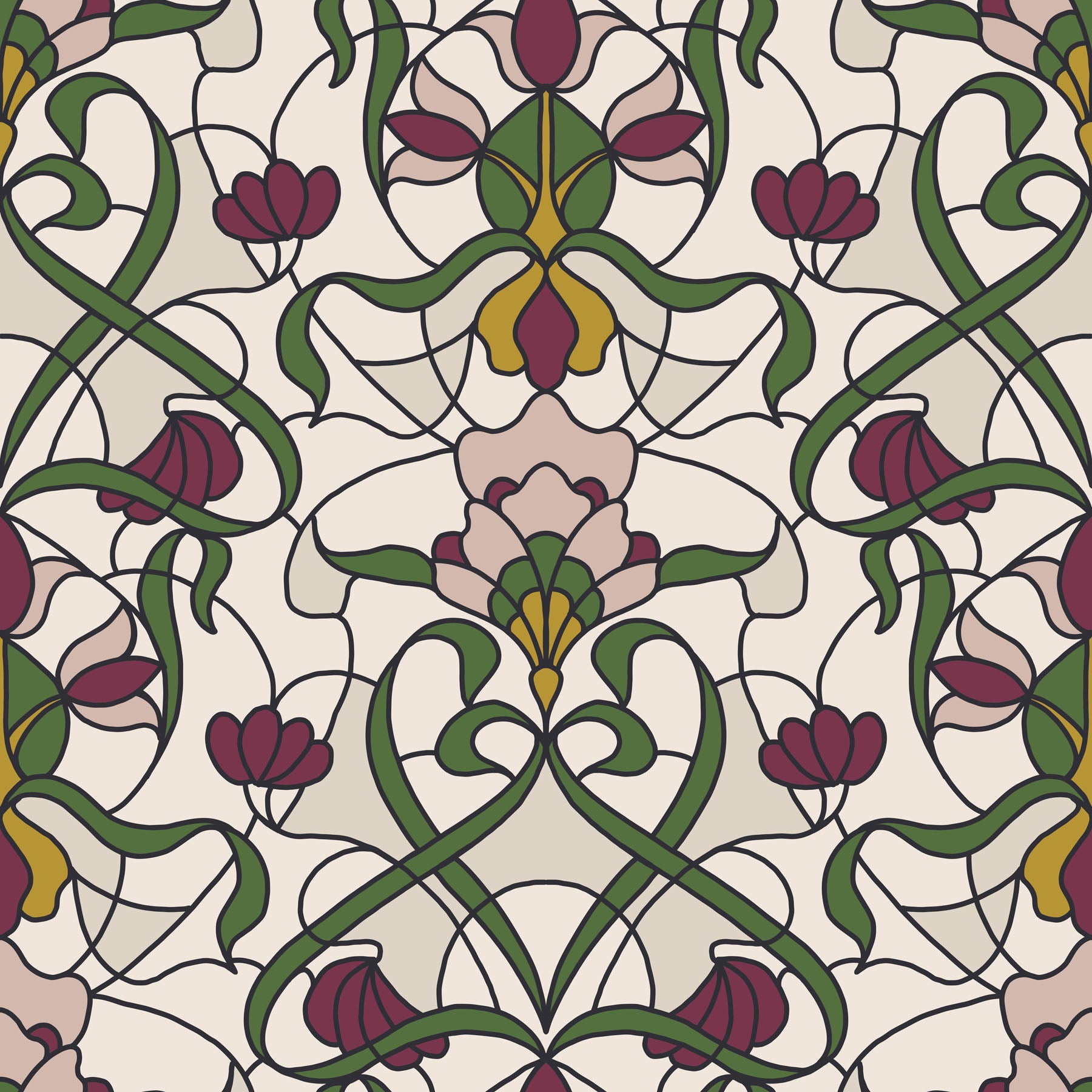 Decorative stained glass pattern with pink, plum, and green floral elements on a cream white background.