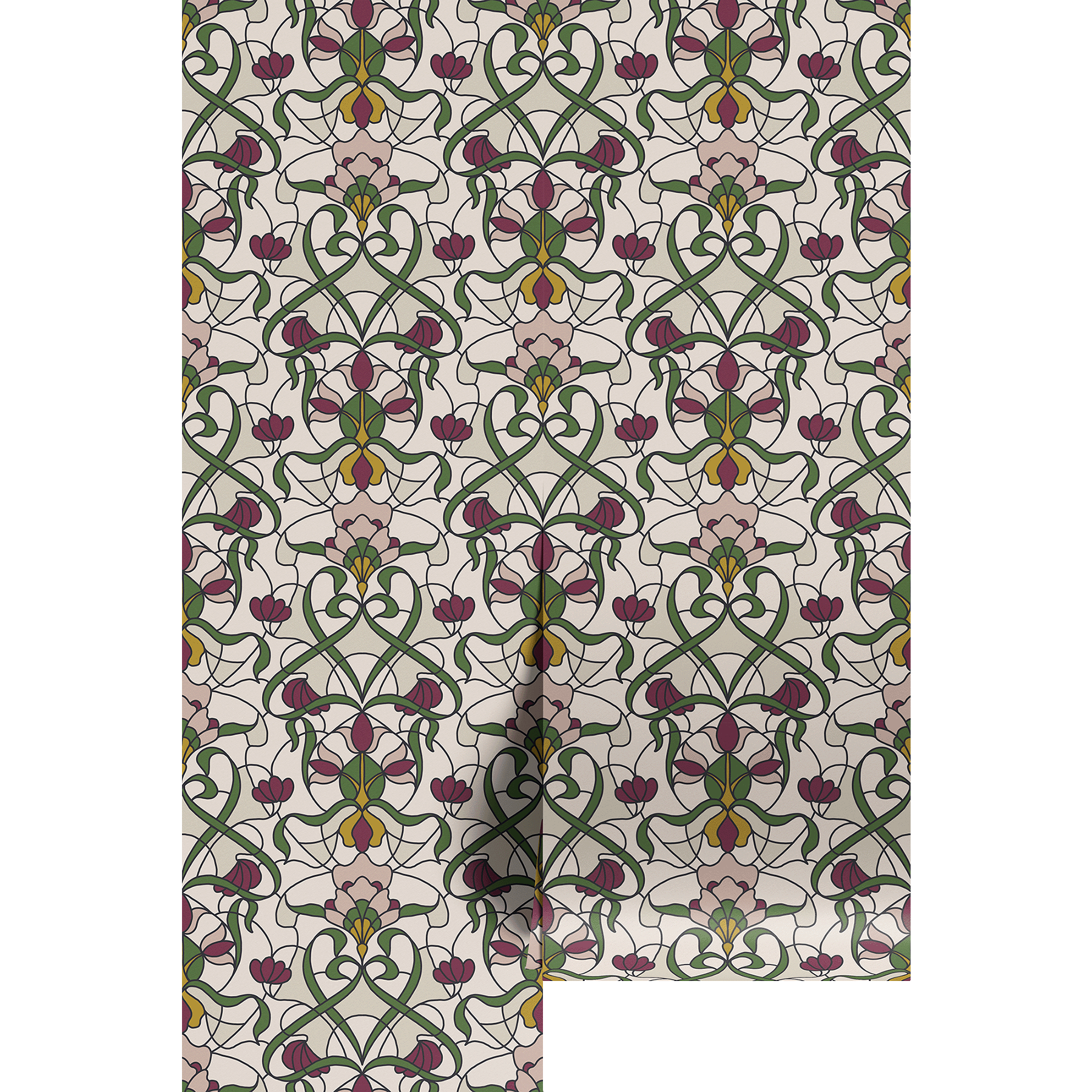 Patterned wallpaper with green, purple, and yellow stained glass design on a white backgrounds 