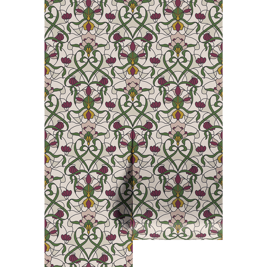 Patterned wallpaper with green, purple, and yellow stained glass design on a white backgrounds 