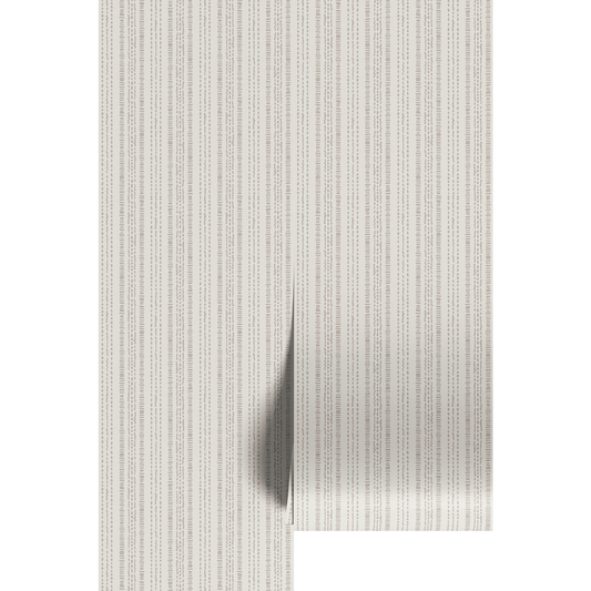 Textured, vertical striped wallpaper  in beige and white on wallpaper panels.