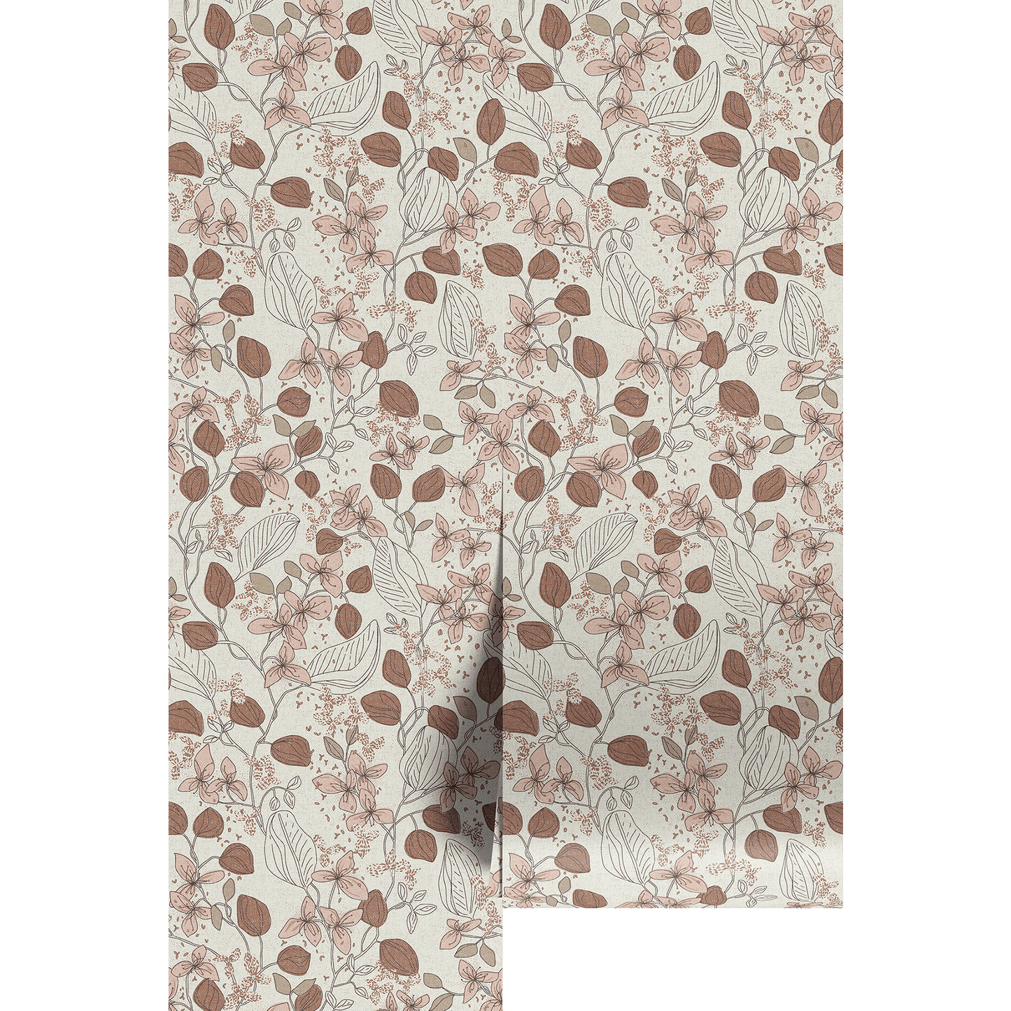 Brown and rose botanical patterned paper on wallpaper panels.