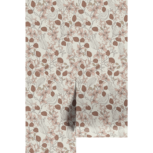 Brown and rose botanical patterned paper on wallpaper panels.