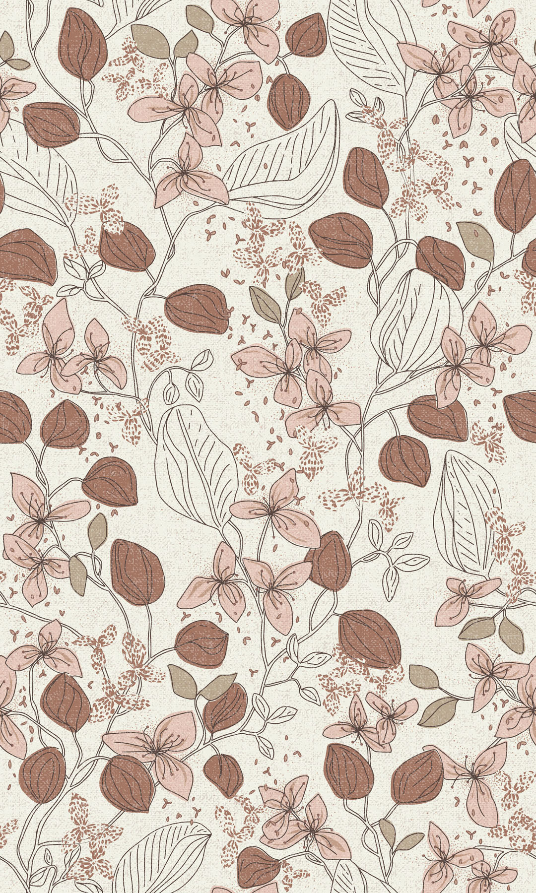 Textured floral and leaf wallpaper pattern on a beige background.