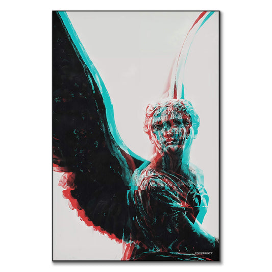 Glitch art of a classical angel statue with cyan and magenta distortion, futuristic digital effects.