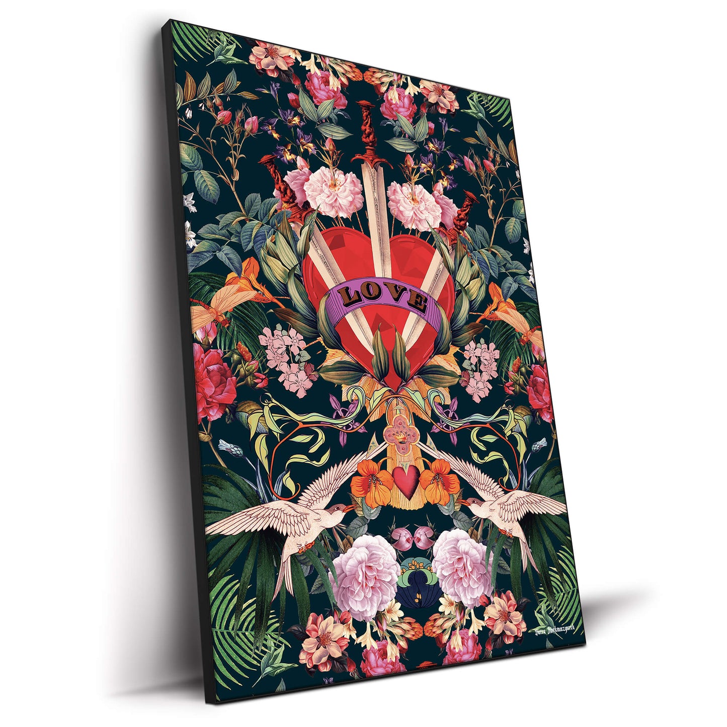 Surreal artwork featuring a radiant red heart pierced by swords, surrounded by intricate floral details, birds, and lush botanical elements against a dark background.