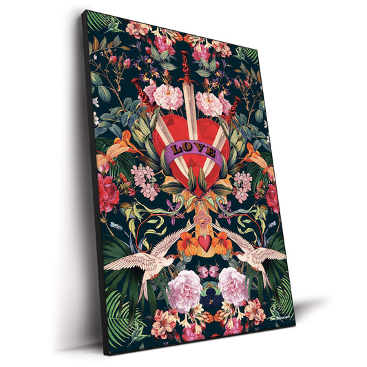 Surreal artwork featuring a radiant red heart pierced by swords, surrounded by intricate floral details, birds, and lush botanical elements against a dark background.