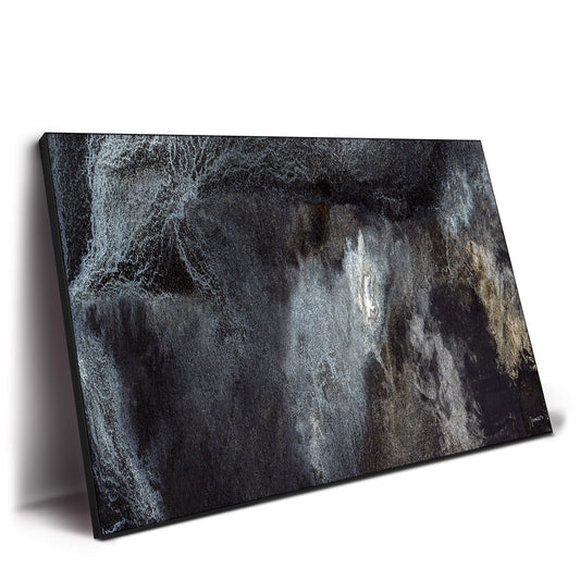Dark neutral abstract texture art with deep charcoal and black tones.