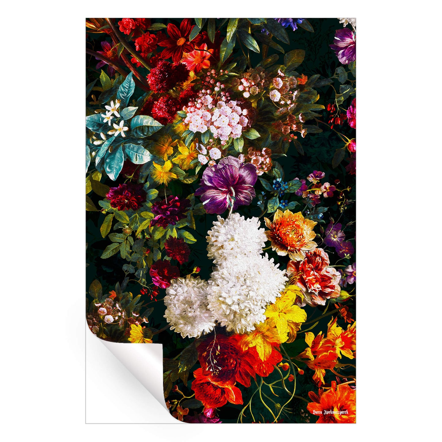 Vibrant floral artwork featuring an explosion of colorful flowers, including red, white, yellow, and purple blooms, set against a dark background.