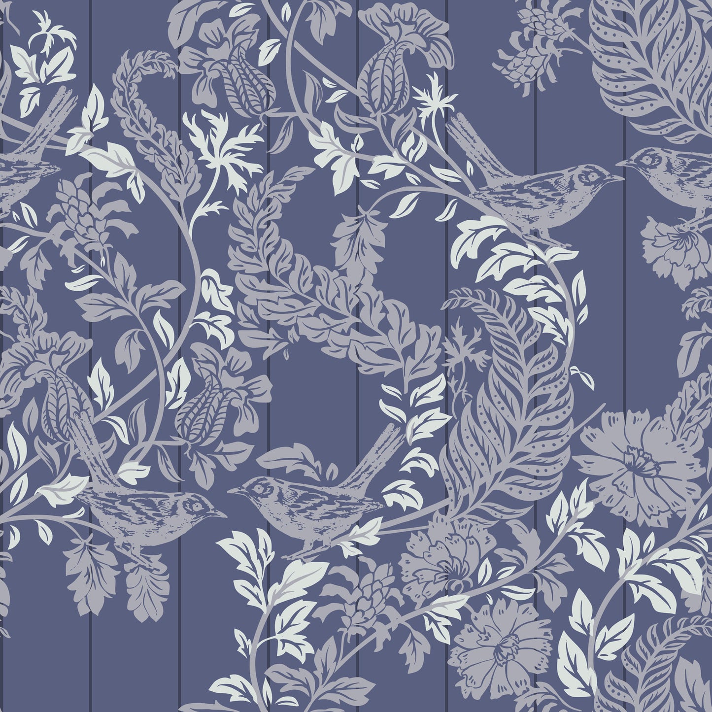 Decorative wallpaper pattern of blue stripes with birds and leaves.