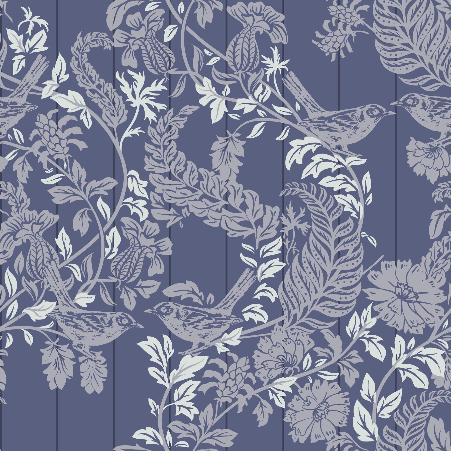 Decorative wallpaper pattern of blue stripes with birds and leaves.
