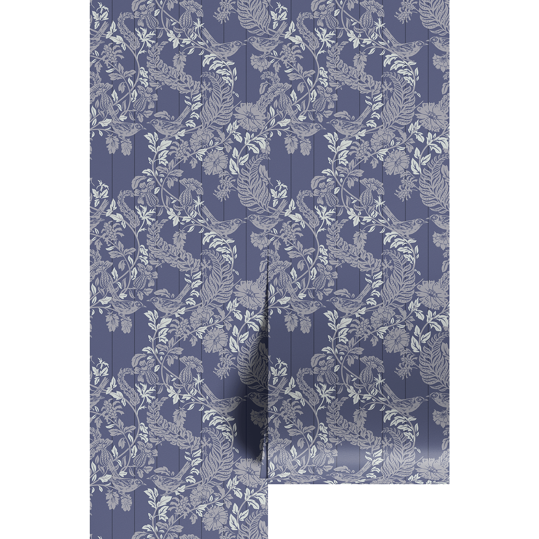 White and gray floral pattern on wallpaper panels.