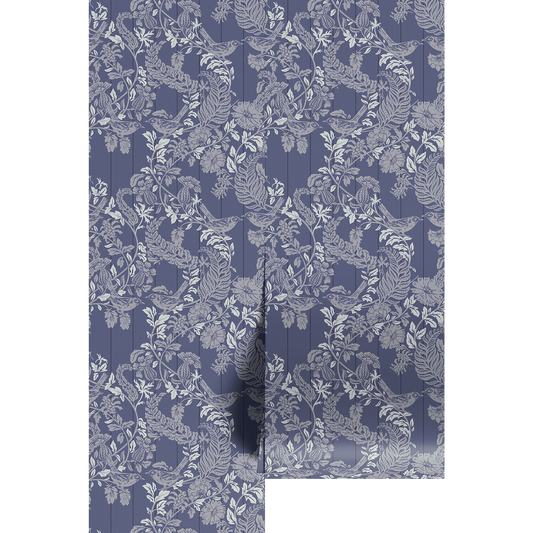 White and gray floral pattern on wallpaper panels.