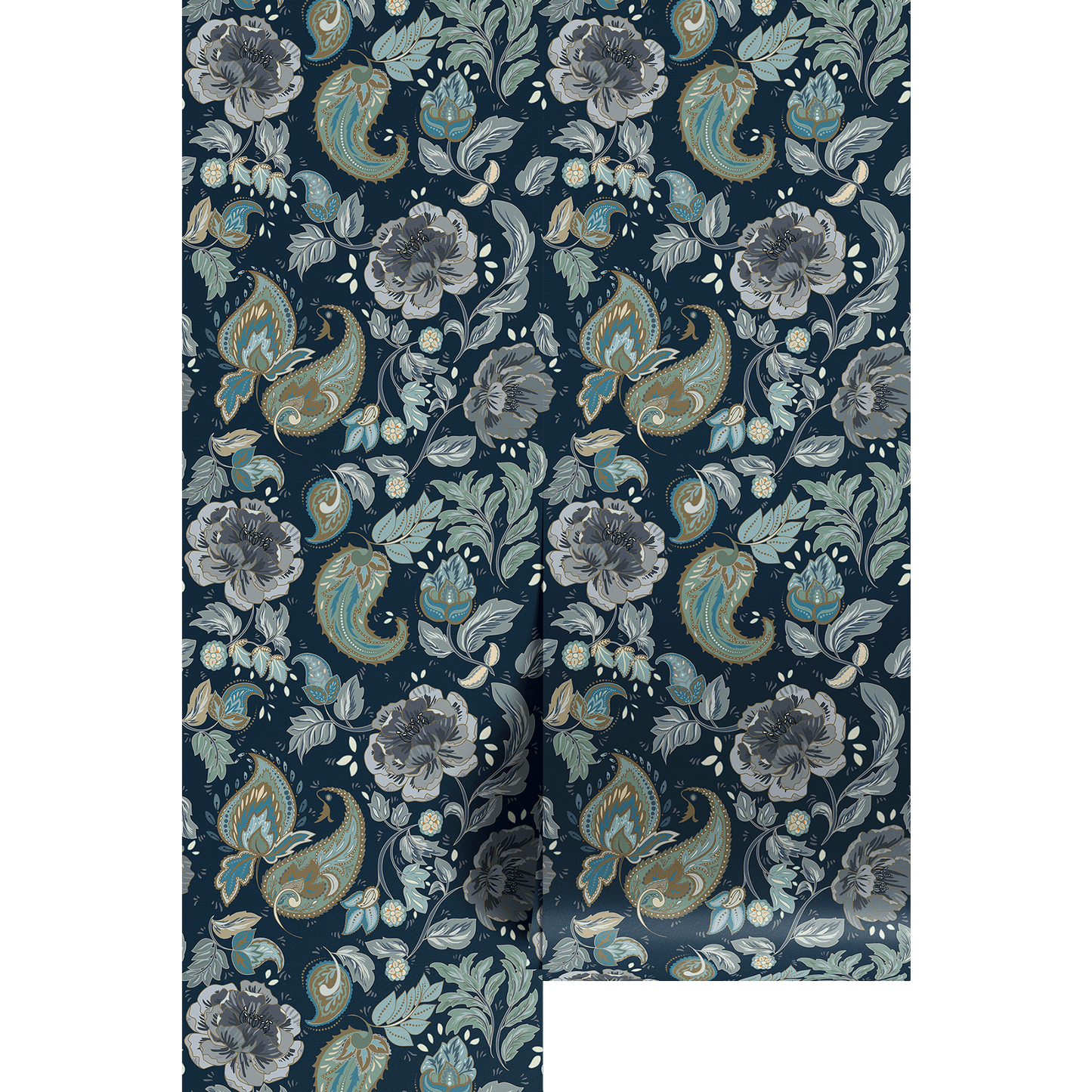 blue and green Floral and paisley patterned fabric swatch on a dark blue background