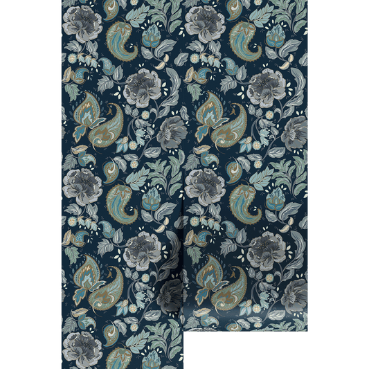 blue and green Floral and paisley patterned fabric swatch on a dark blue background