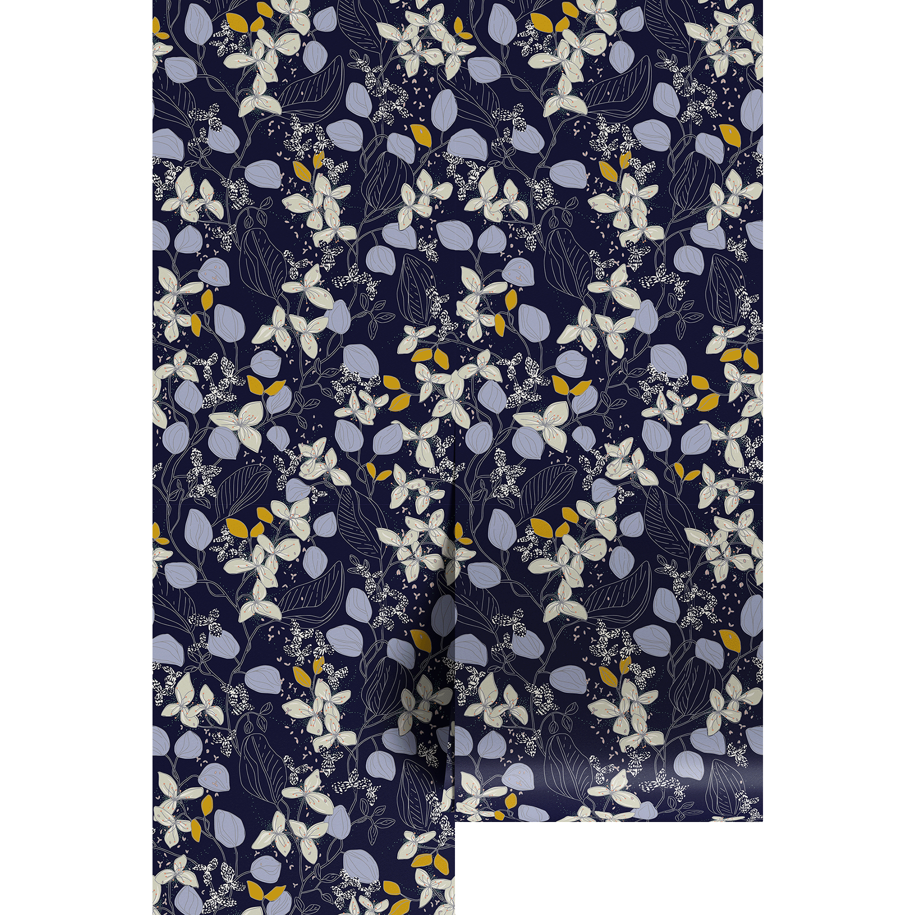 Navy wallpaper with white and yellow floral pattern
