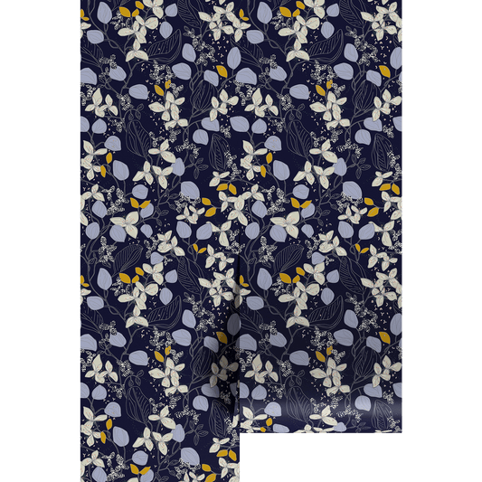 Navy wallpaper with white and yellow floral pattern