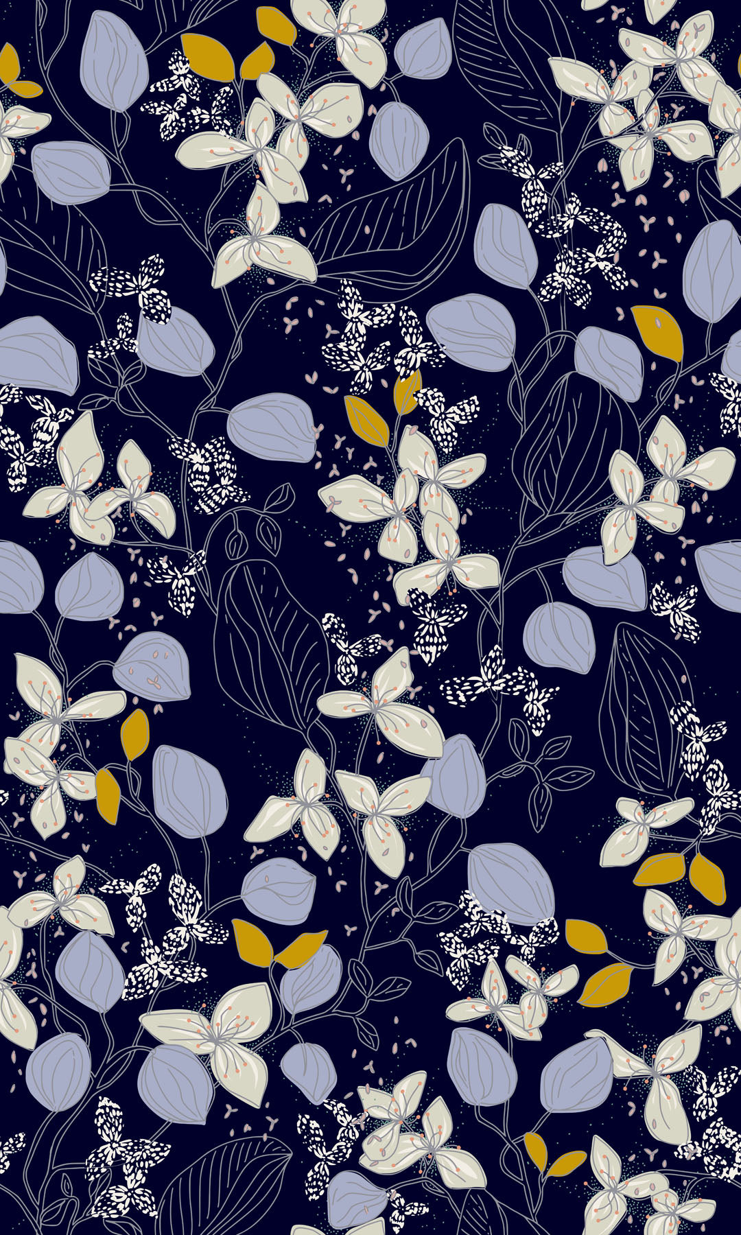 Navy blue, hand drawn floral pattern with white, gray, and yellow flowers on a dark blue background.