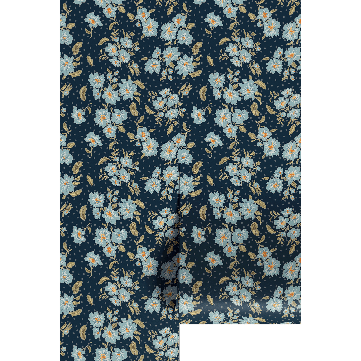 Floral patterned wallpaper swatch with blue flowers on a dark blue background
