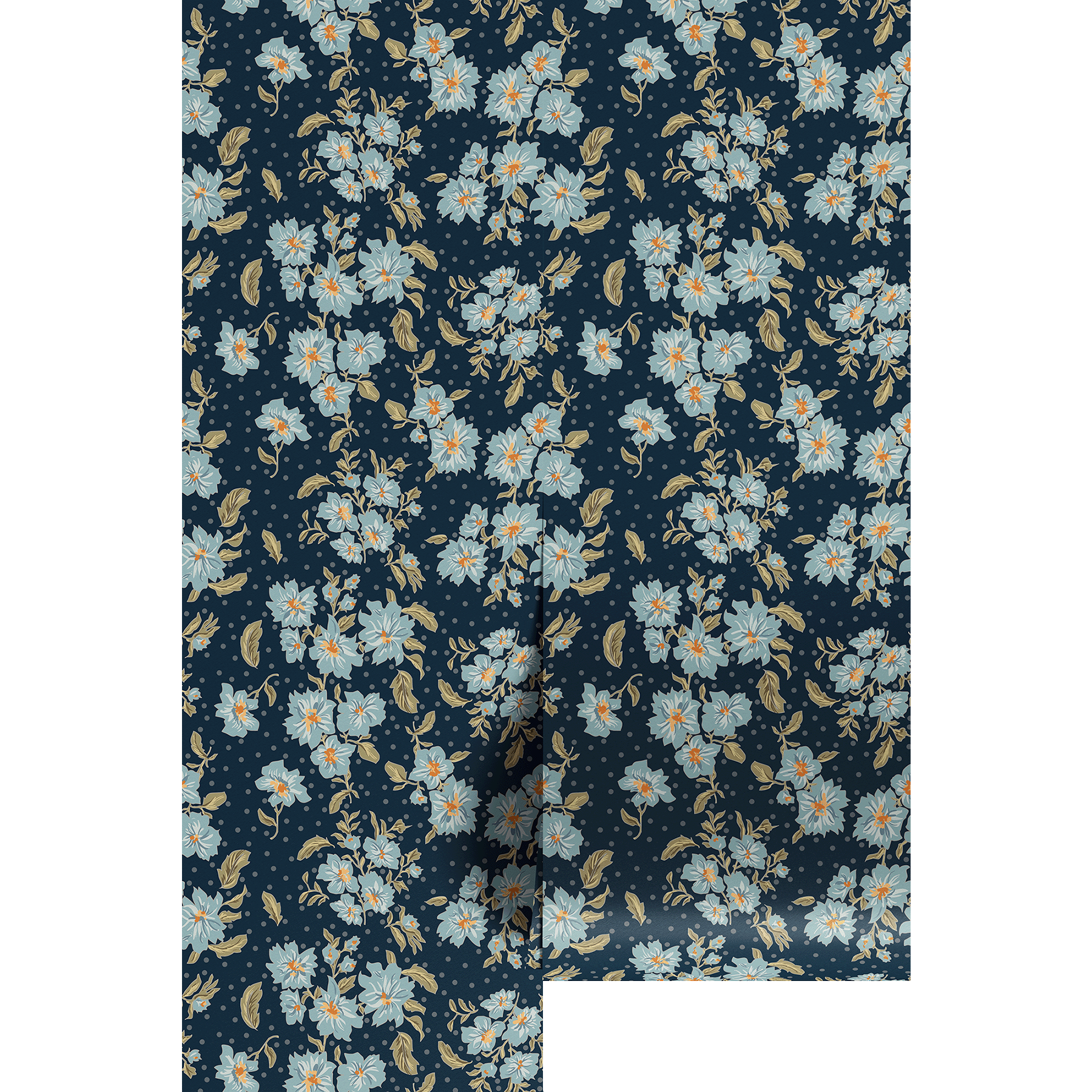 Floral patterned wallpaper swatch with blue flowers on a dark blue background