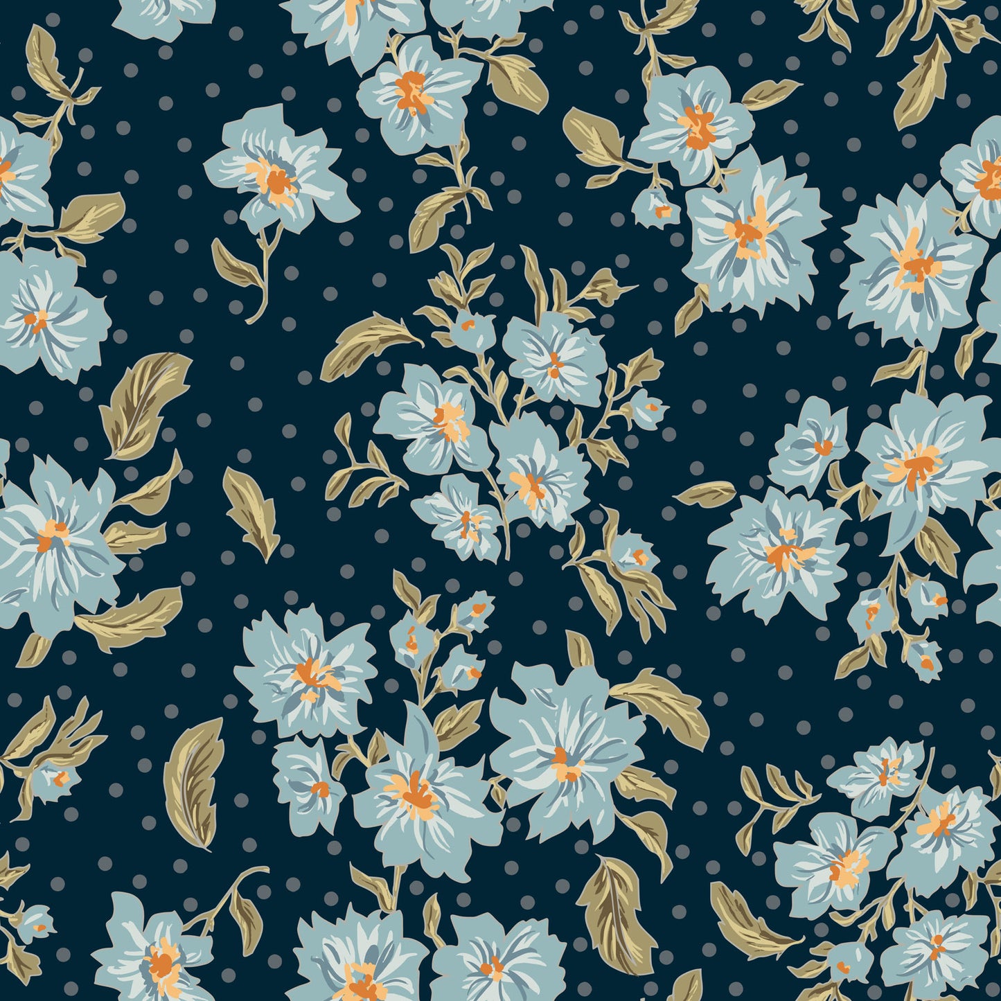 Floral pattern with light blue flowers and green leaves on a dark blue background with white polka dots.