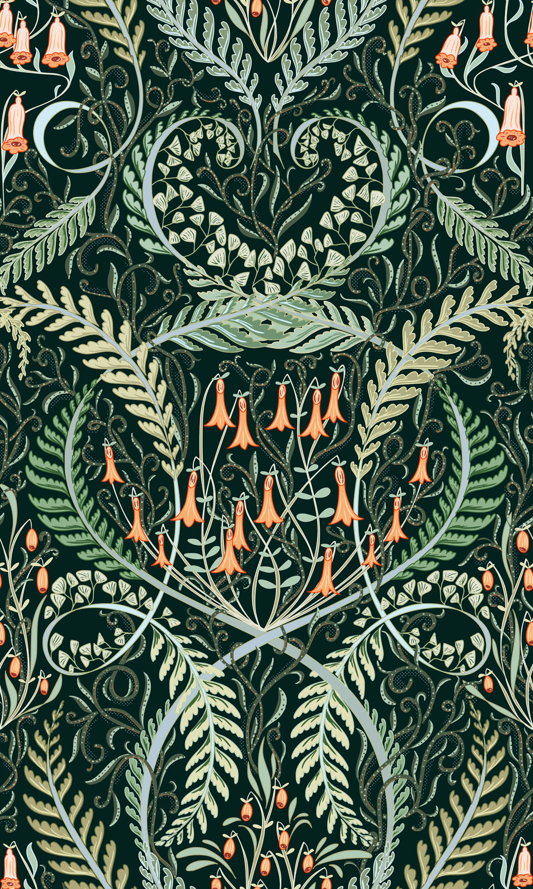 Ornate pattern with green leaves and orange bell flowers on a dark green background.