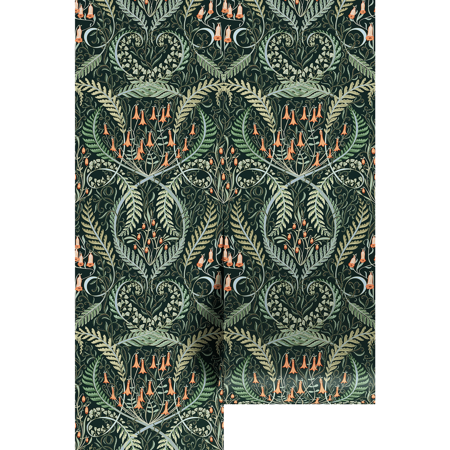 Ornate floral pattern of fern leaves spiraled in different shapes, orange bell flowers, over a dark green background on wallpaper panels.