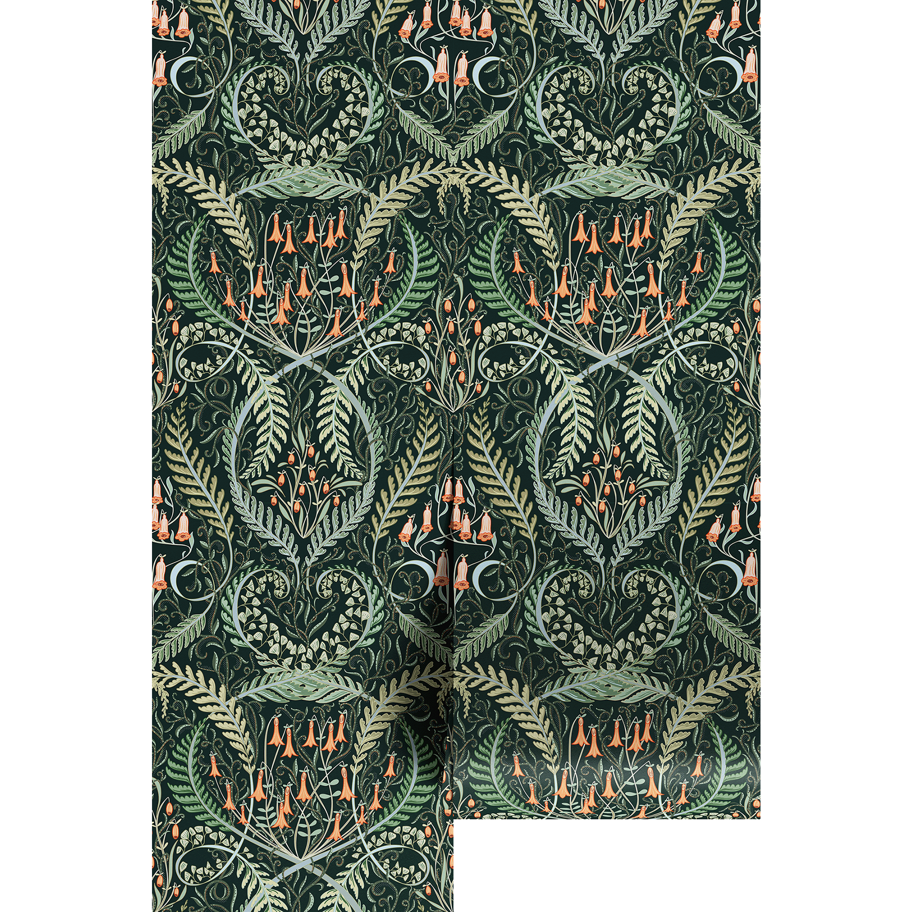 Ornate floral pattern of fern leaves spiraled in different shapes, orange bell flowers, over a dark green background on wallpaper panels.