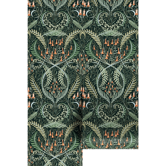 Ornate floral pattern of fern leaves spiraled in different shapes, orange bell flowers, over a dark green background on wallpaper panels.