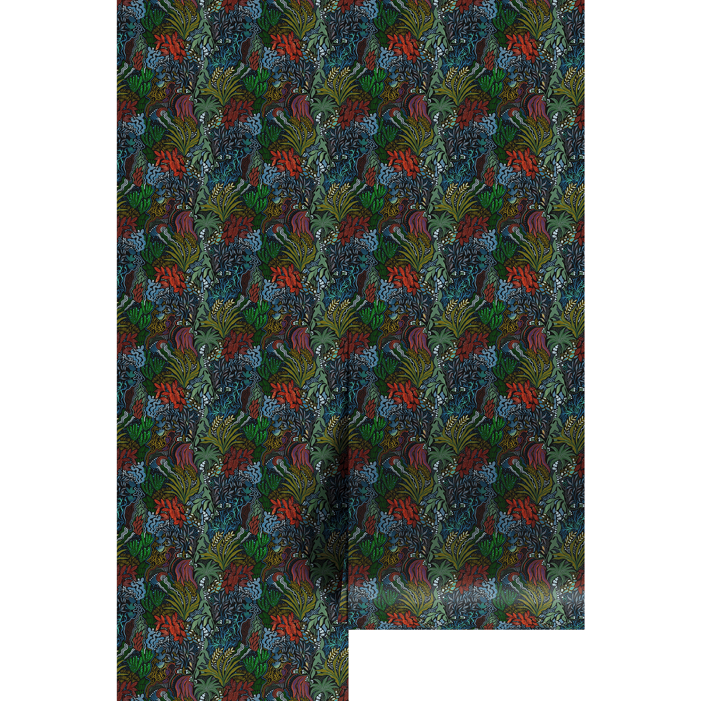 Patterned paper with a green and red botanical design on a dark background