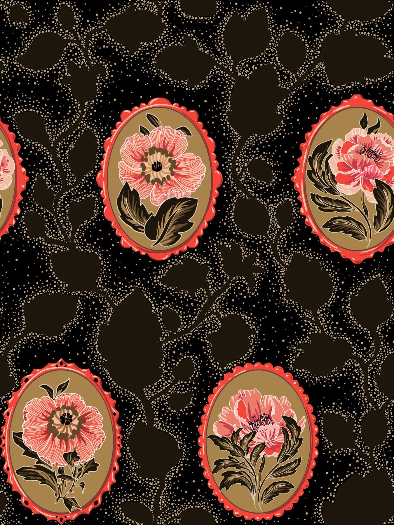 Decorative pattern with floral designs in oval frames on a black background