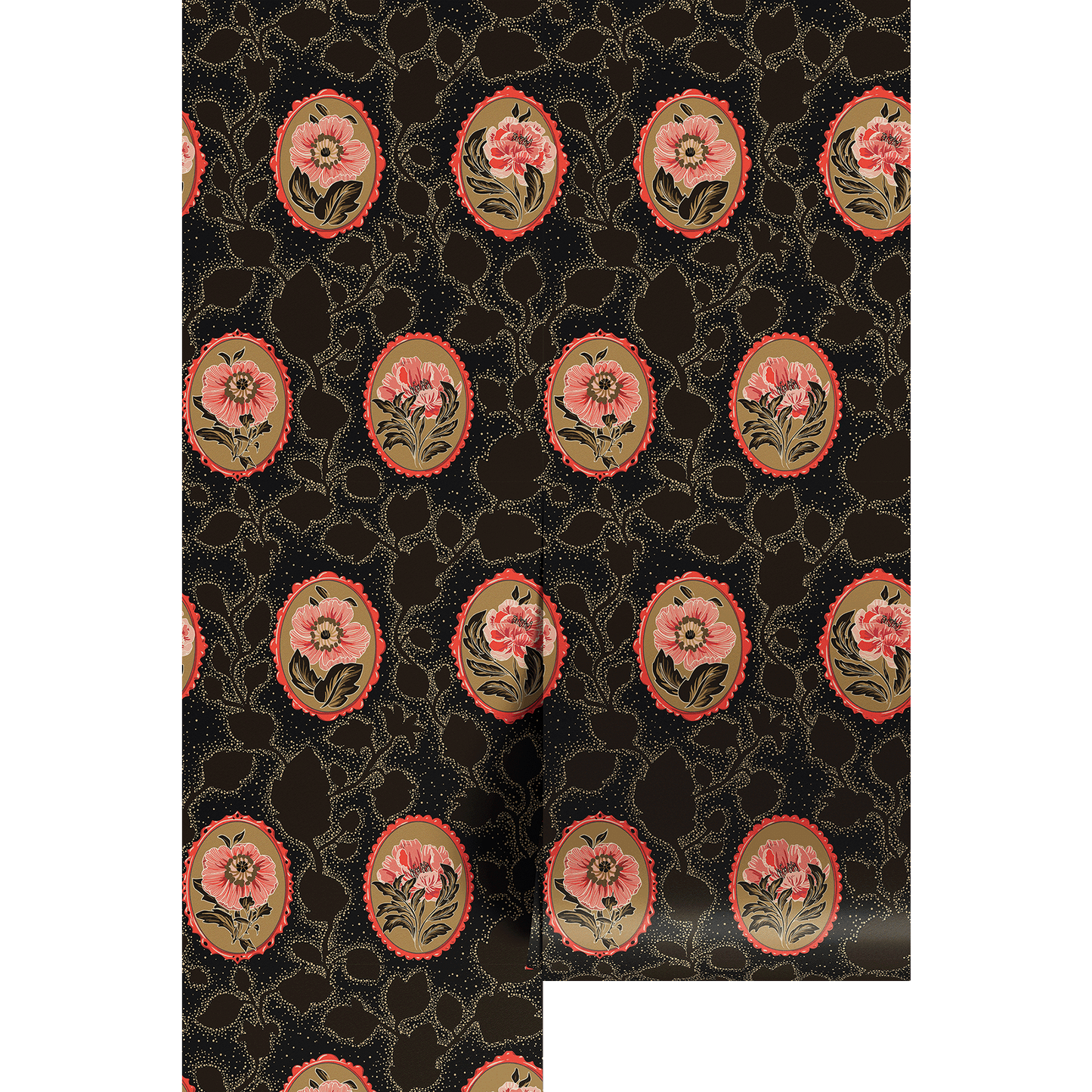 Decorative paper with dark floral cameo pattern on a black background