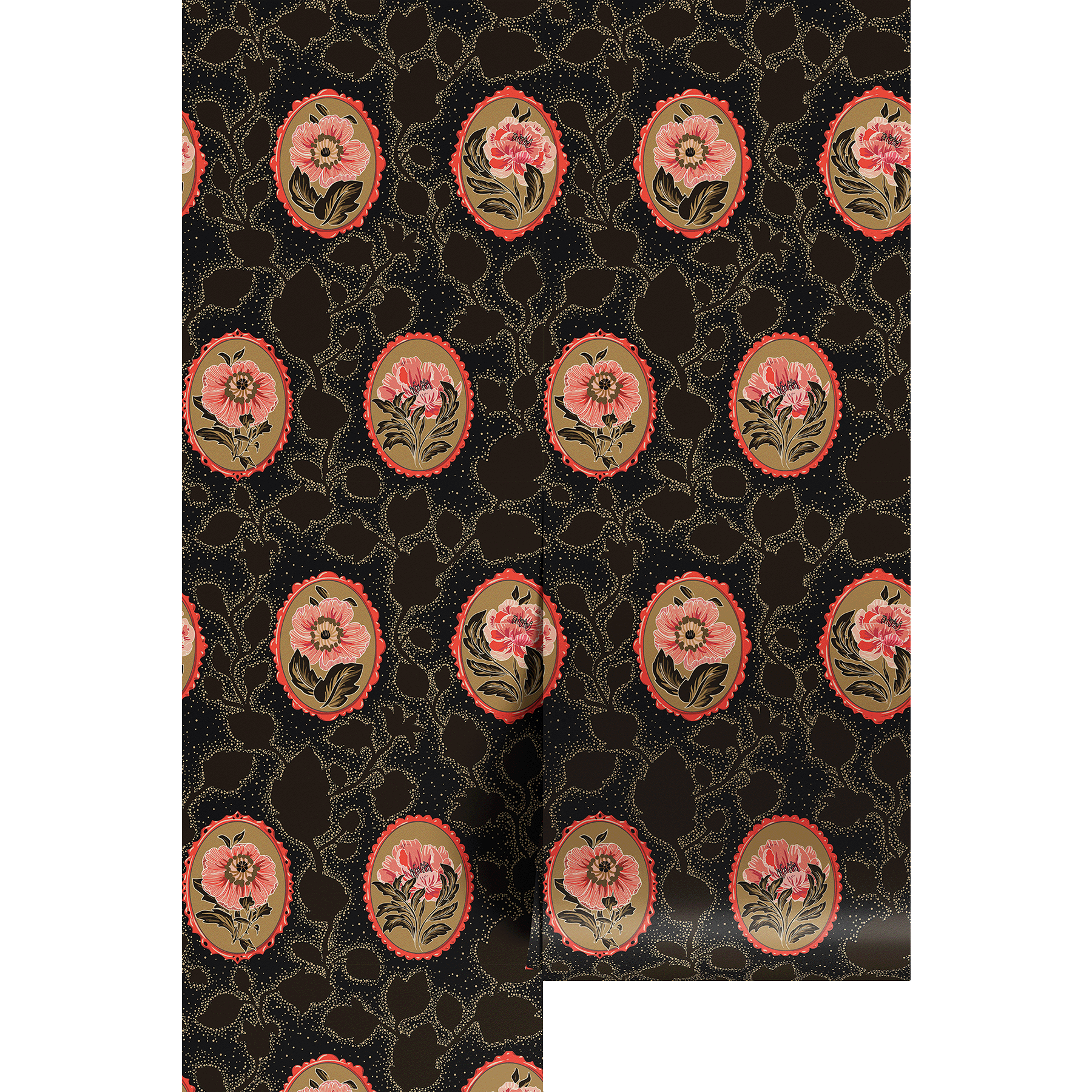Decorative paper with dark floral cameo pattern on a black background
