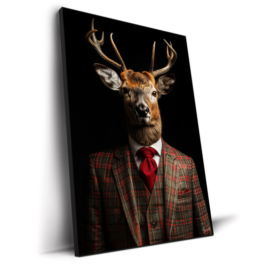 A deer in a plaid suit and red tie, with antlers visible, set against a black background.